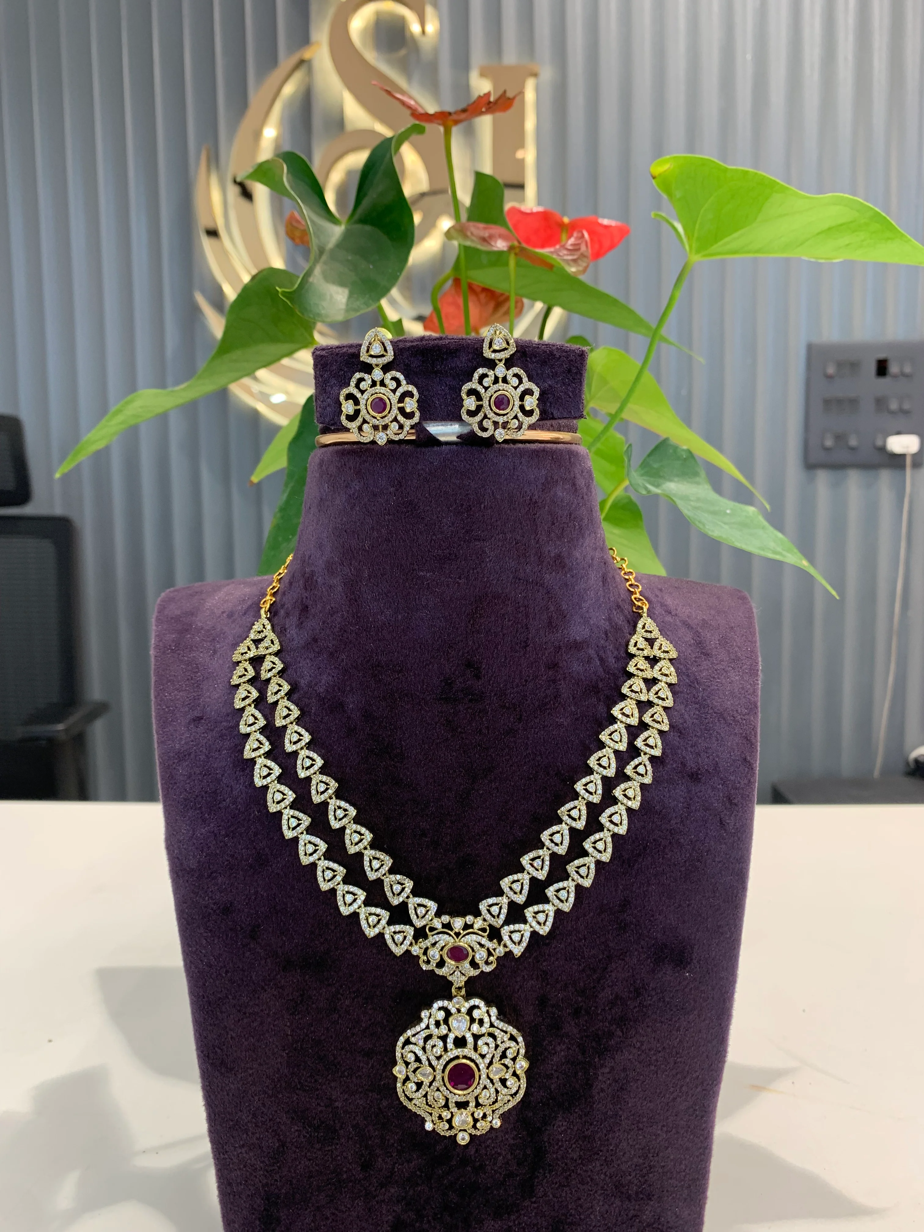 Beautiful mehandhi polish ruby stone double step necklace - Image 2