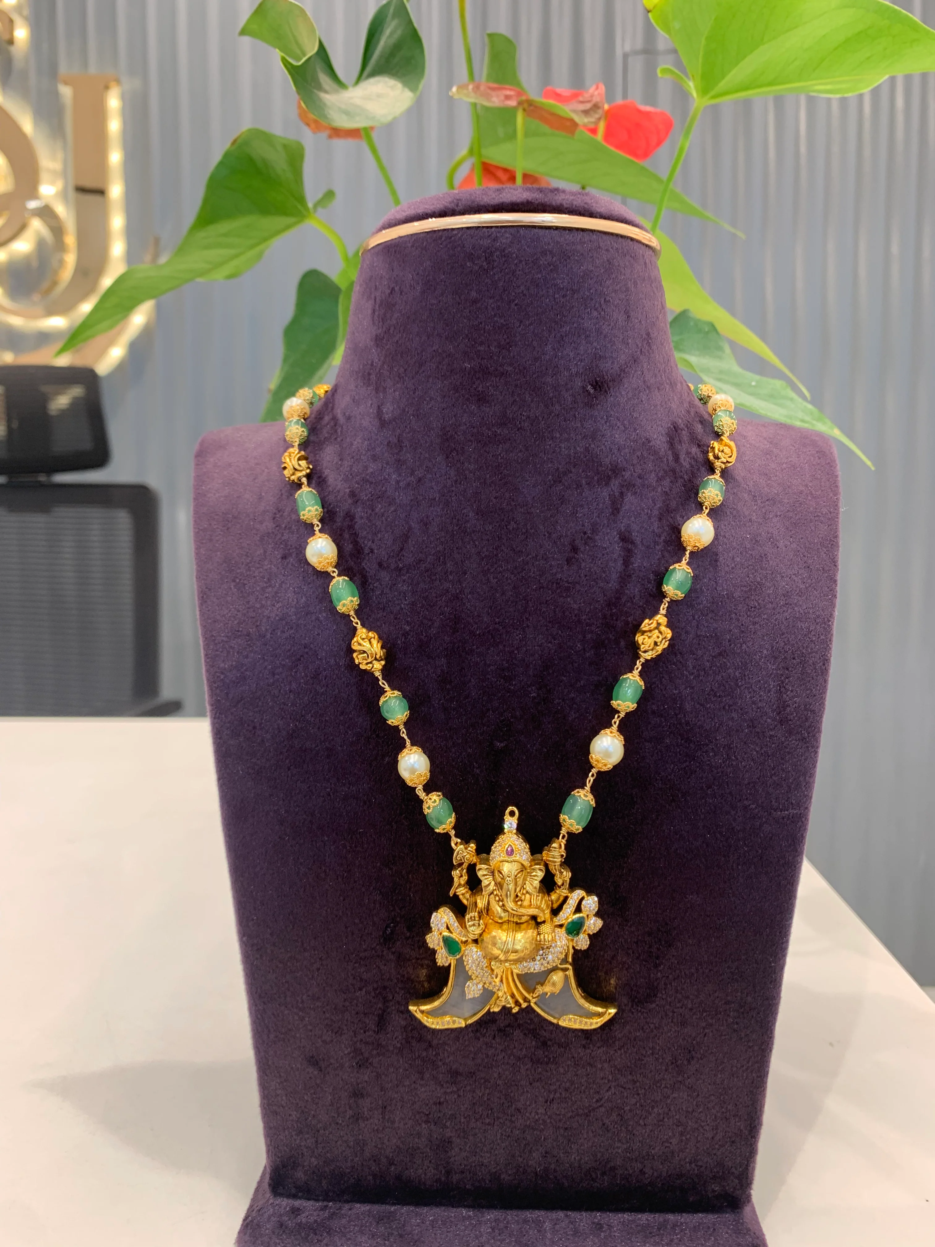 Beautiful Vinayaka Tigernail Locket with Handmade beads Chain